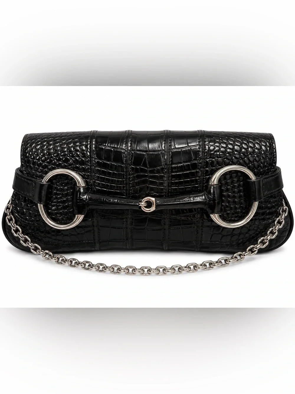 Croc-Embossed Black Leather Clutch with Silver Chain Accent